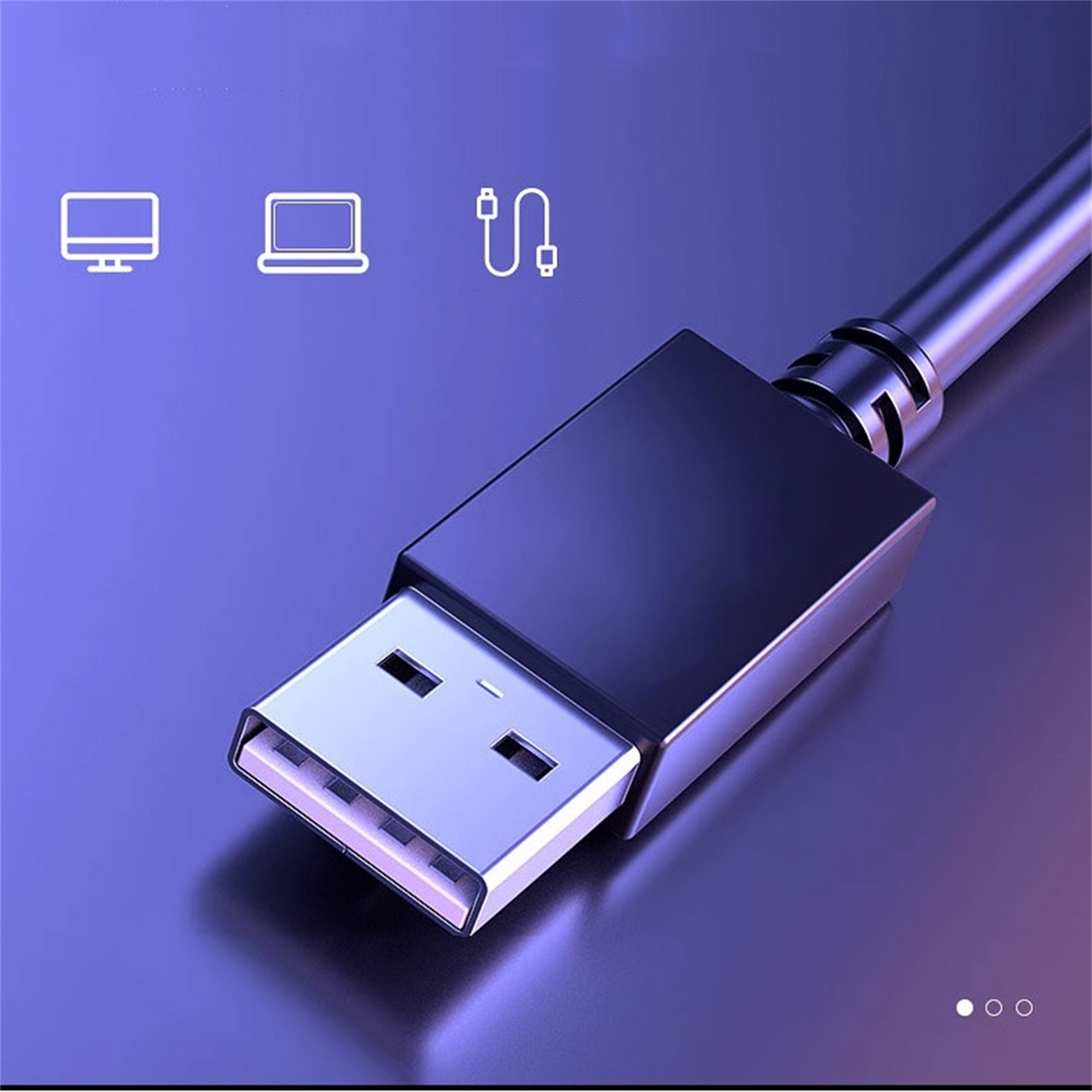 Ein USB-Kabel mit einem schwarzen rechteckigen Ende und einem USB-A-Anschluss. Es gibt Computer- und Laptop-Symbole.