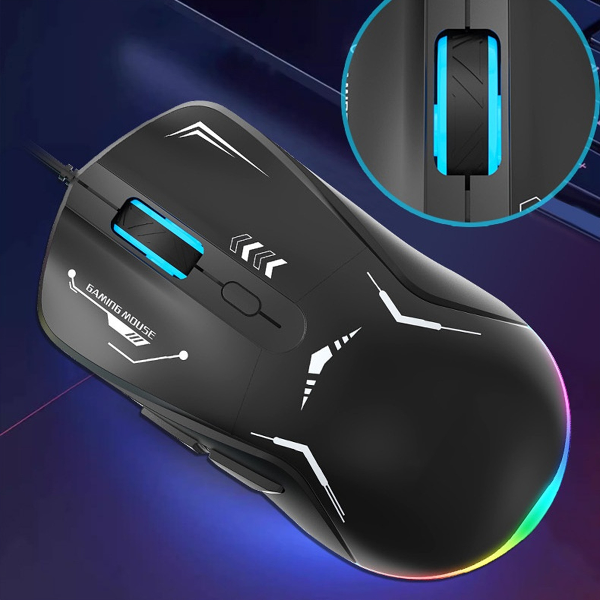 Schwarze Gaming-Maus mit weißen Akzenten und blauen Lichtern. Detail zeigt Taste und blaues Licht.