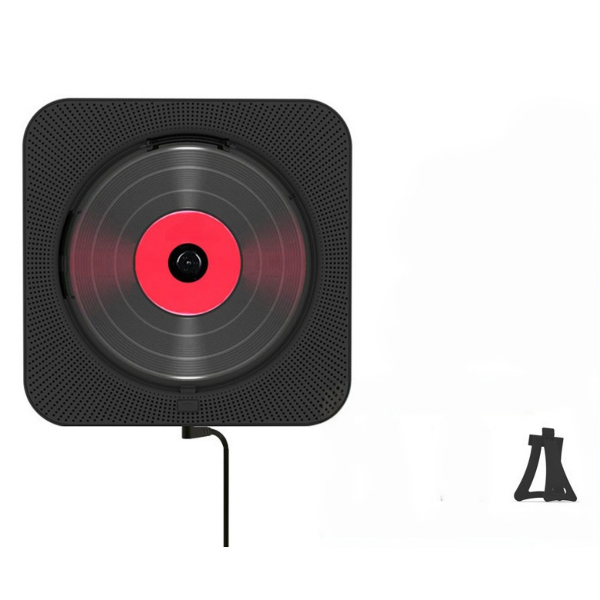 Schwarzer quadratischer CD-Player mit roter Disc und Ständer.