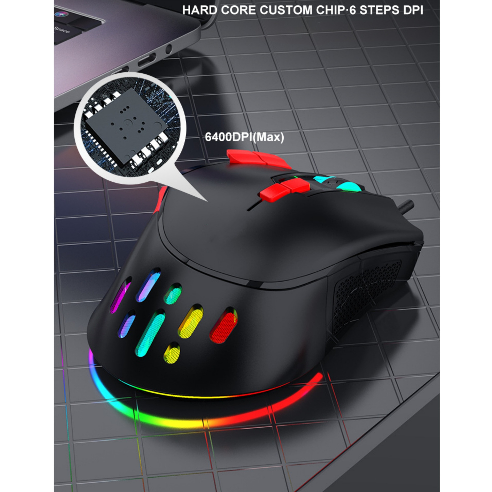 Schwarze Gaming-Maus mit bunten Lichtern, Chip-Illustration und roten Tasten.