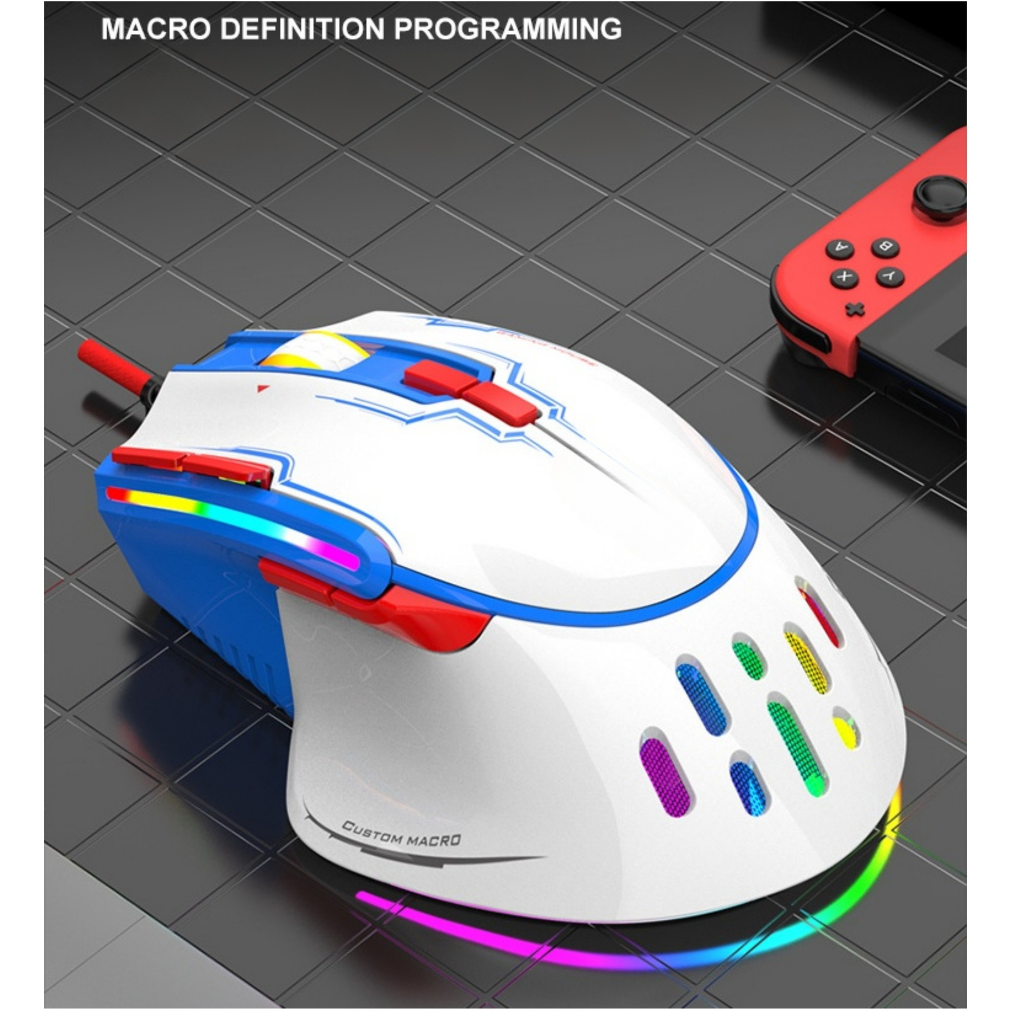 Gaming-Maus mit weißen, blauen und roten Akzenten, RGB-Lichtern und einem Nintendo Switch im Hintergrund.