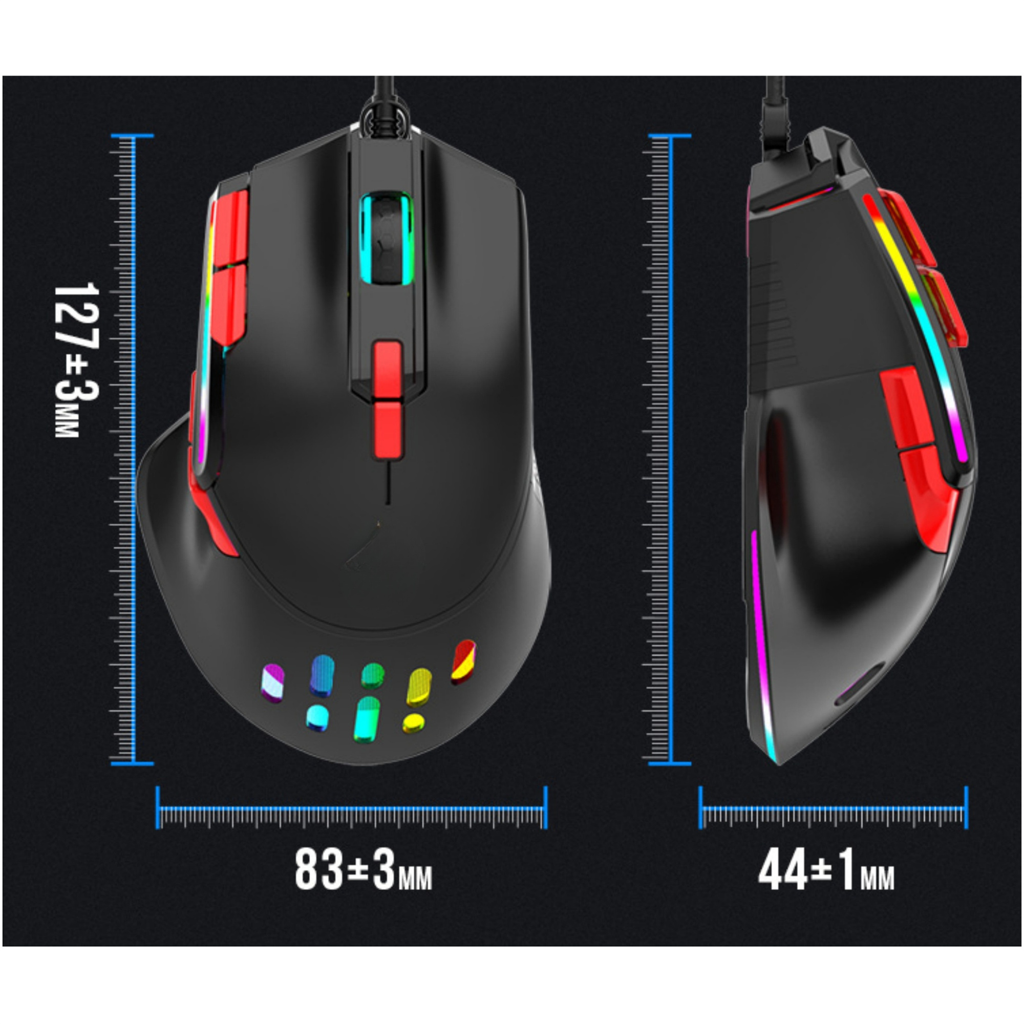 Schwarze Gaming-Maus mit RGB-Beleuchtung. Abmessungen sind sichtbar.