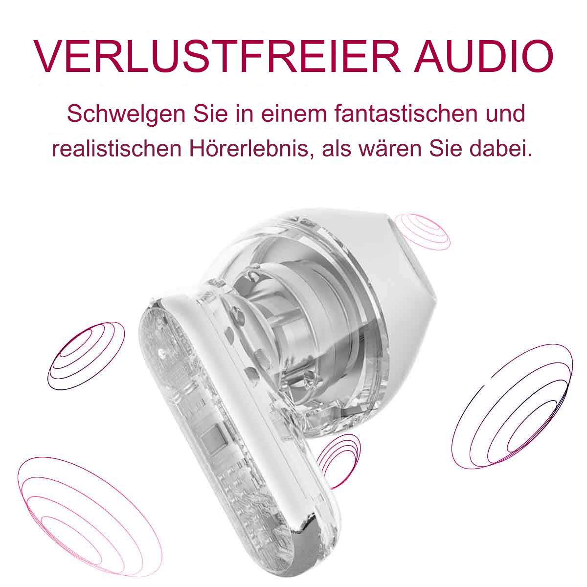 Ohrhörer mit Text und Schallwellen, weißer Hintergrund.