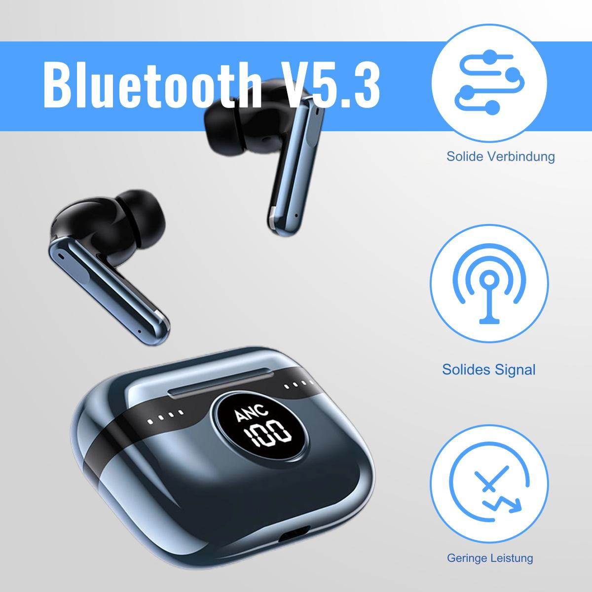 Blaue Ohrhörer, Ladecase mit Display, Grafiken. Text: Bluetooth V5.3, stabile Verbindung, Signal, geringe Leistung.