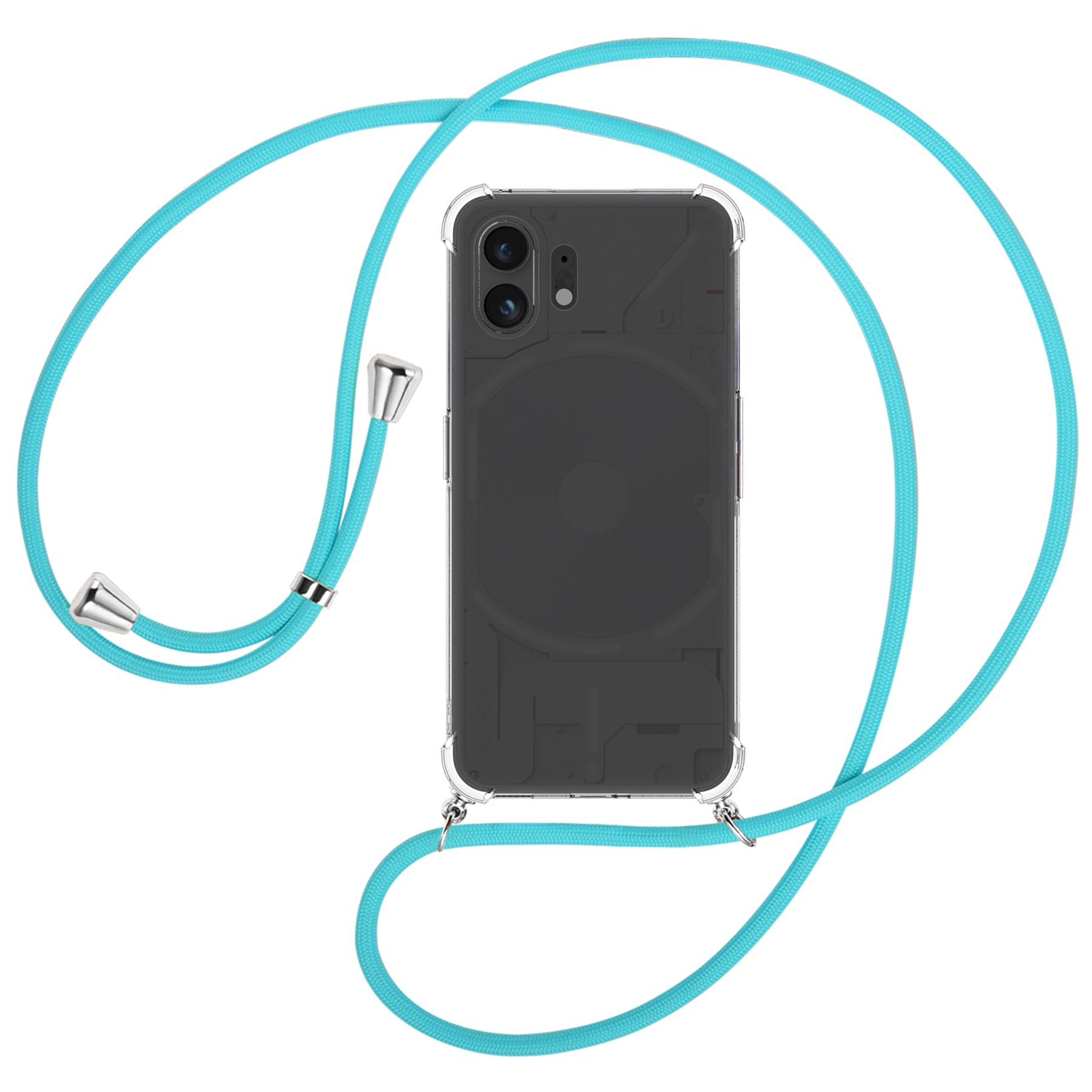 Telefon mit türkisfarbenem Lanyard. Telefon ist schwarz, klare Hülle. Silberne Akzente. Weißer Hintergrund.