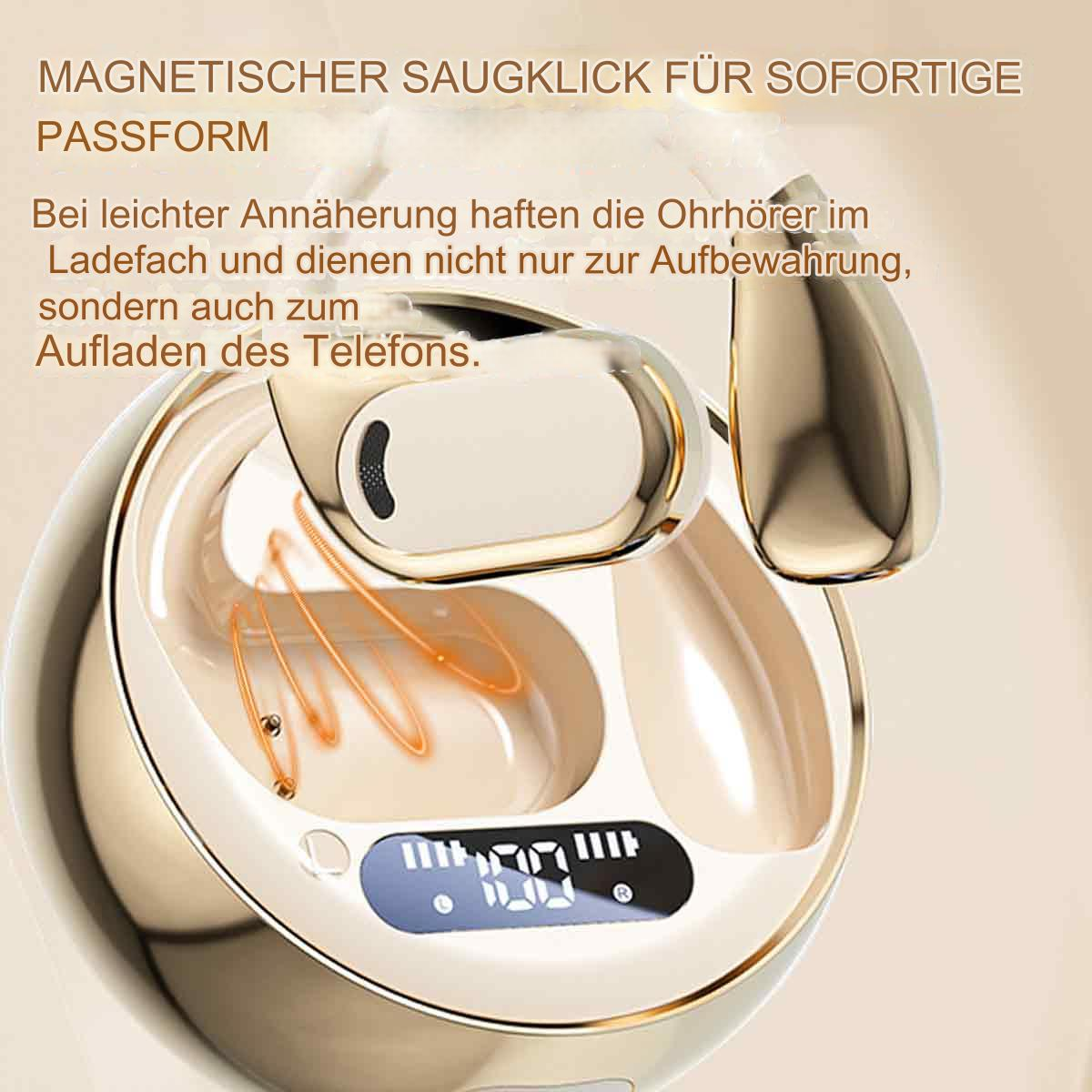 Nahaufnahme von weißen und goldenen kabellosen Ohrhörern in einem Ladecase. Text auf Deutsch über Ohrhörer-Funktionen.