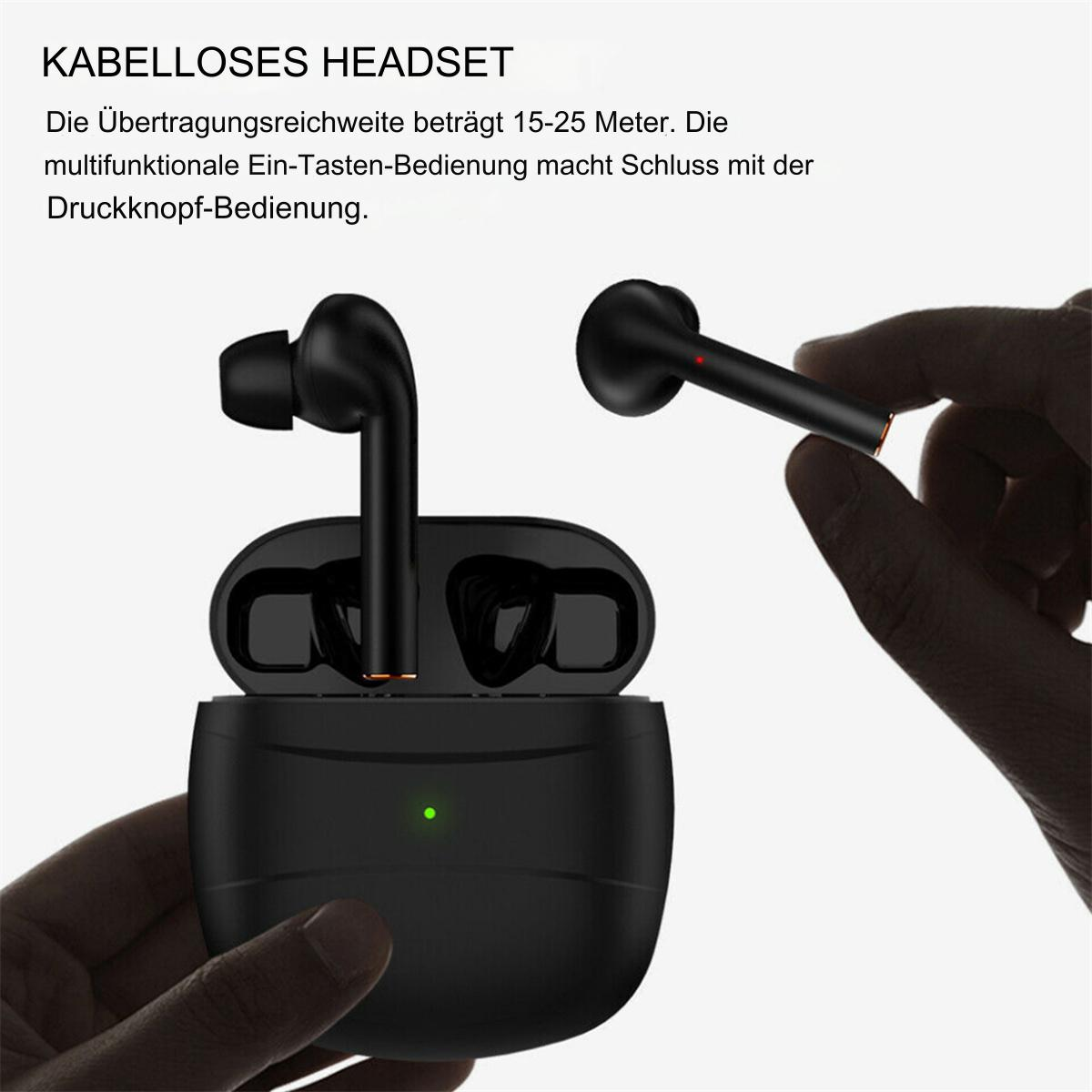 Schwarze kabellose Ohrhörer, einer wird gehalten. Gehäuse im Hintergrund.