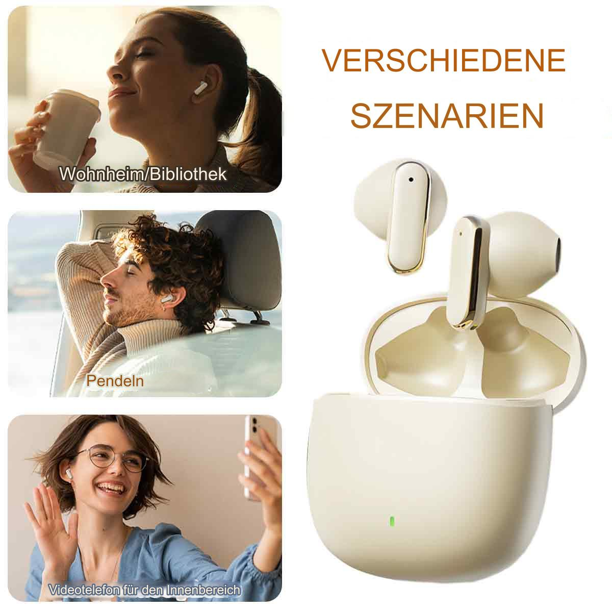 Kopfhörer und Ladecase werden mit drei Lifestyle-Bildern gezeigt: zu Hause, beim Pendeln und Videotelefonie.