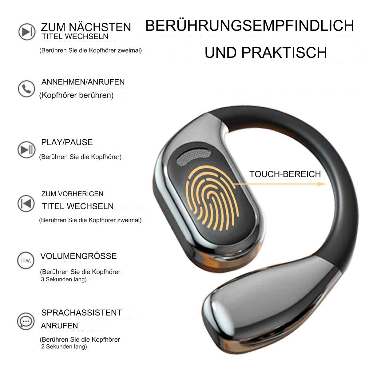 Kabellose Kopfhörer mit Touch-Steuerung. Schwarz-Silber-Design, weißer Hintergrund.