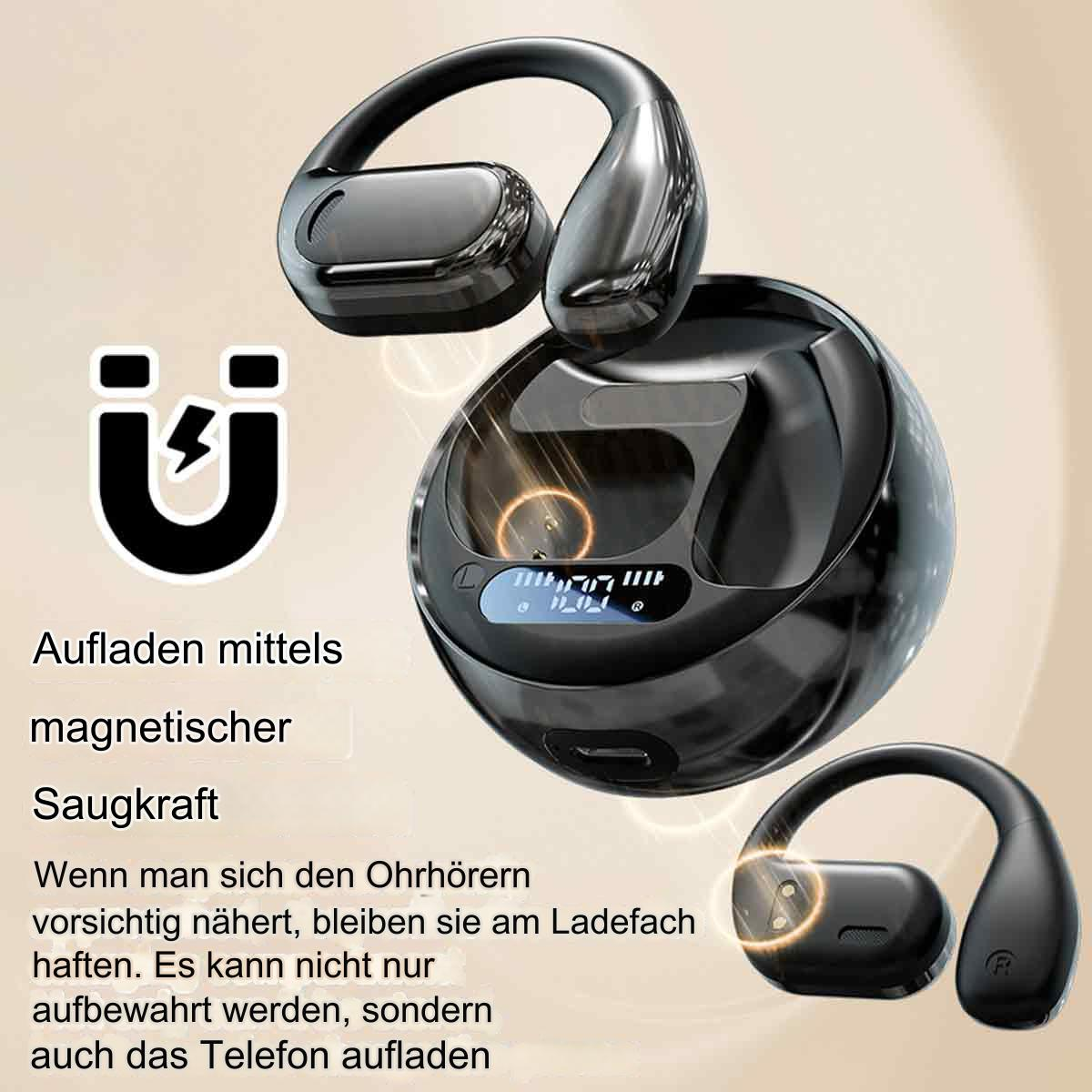 Kabellose Ohrhörer und ihr Ladeetui mit deutschem Text. Die Ohrhörer sind schwarz und silber.