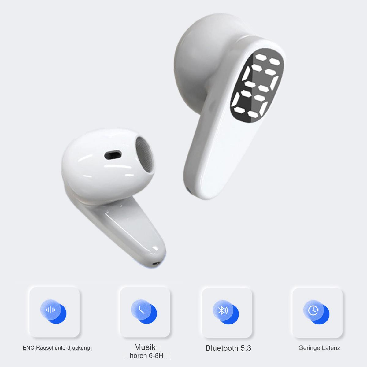 Weiße Ohrhörer mit Ladecase und Icons: Geräuschreduzierung, Musik 6-8H, Bluetooth 5.3 und geringe Latenz.