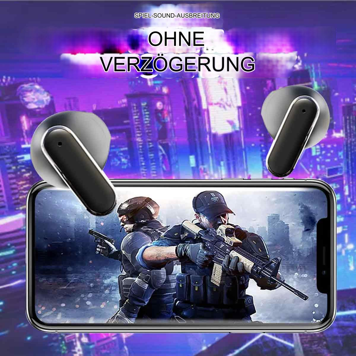 Kabellose Ohrhörer, Smartphone mit Kriegsszene auf dem Bildschirm, und Text auf Deutsch.