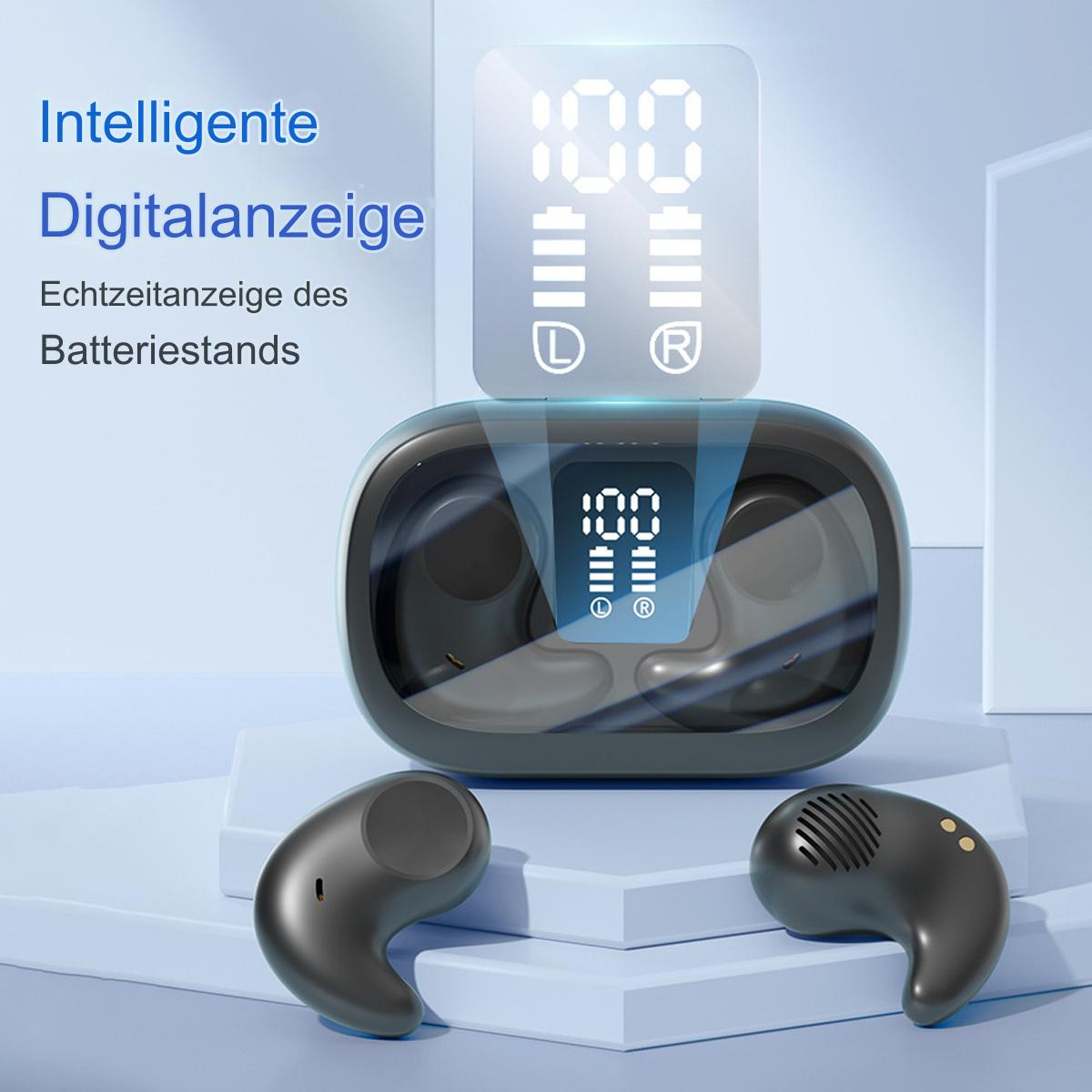 Schwarze Ohrhörer mit Ladecase, das eine digitale Anzeige der Akkuladung zeigt.