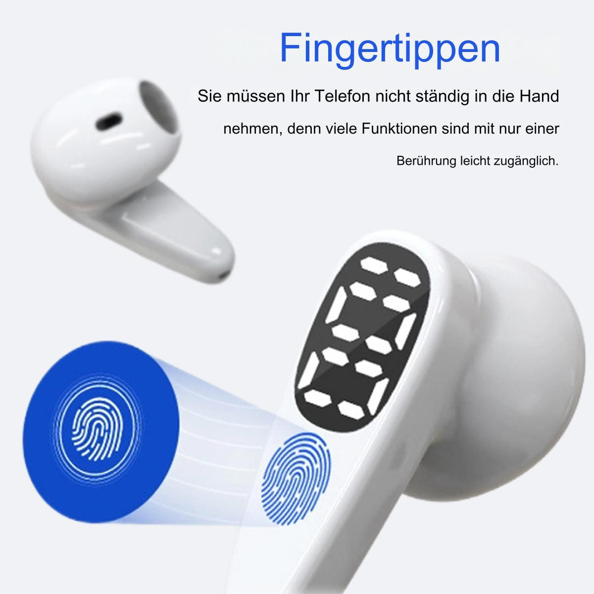 Ohrhörer mit Text. Ein Ohrhörer ist im Fokus. Zeigt, wie die Touch-Funktion verwendet wird.