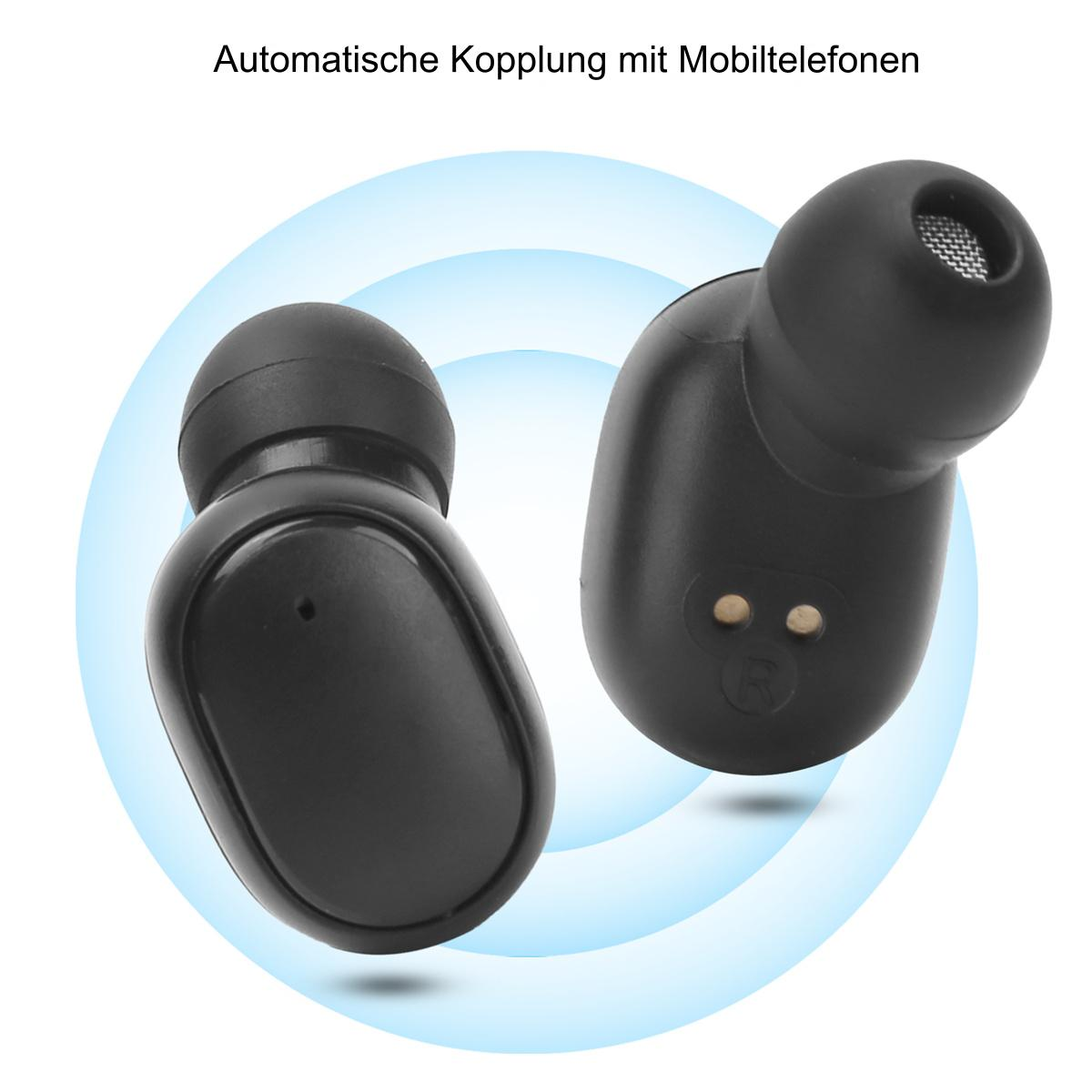 Schwarze kabellose Ohrhörer, mit Text zur automatischen Kopplung. Weißer Hintergrund.