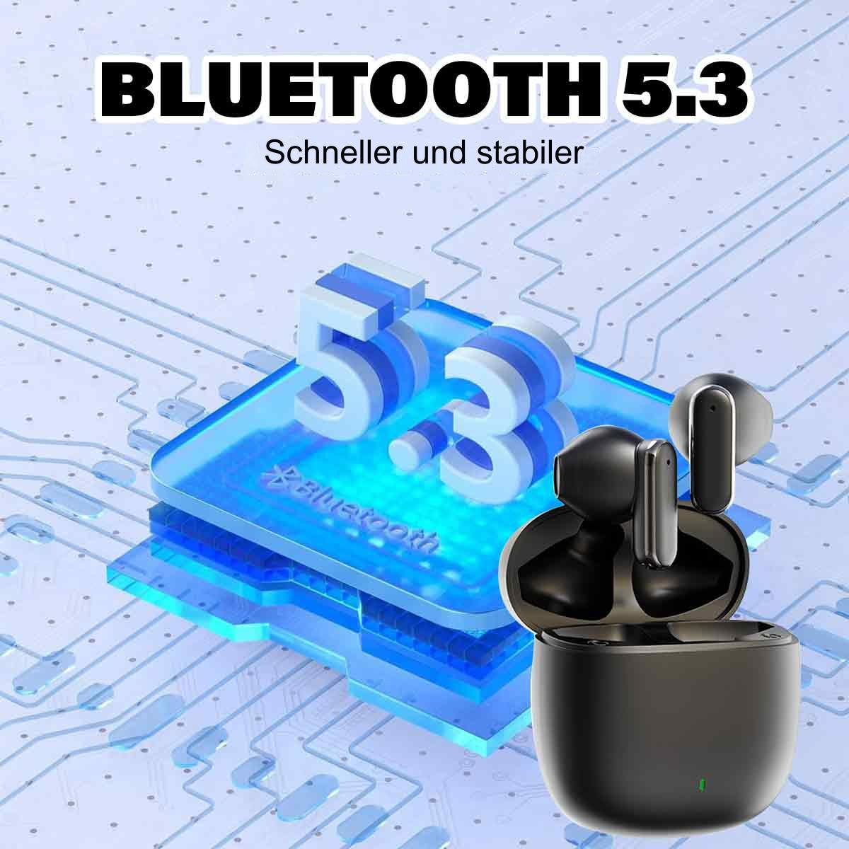 Schwarze Ohrhörer in einem schwarzen Ladekoffer, mit Bluetooth 5.3-Anzeige.