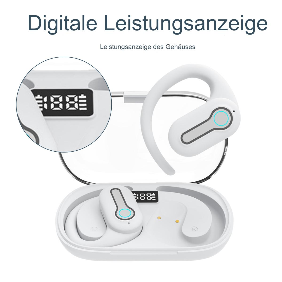 Weiße kabellose Kopfhörer und ihre Ladehülle auf weißem Hintergrund.