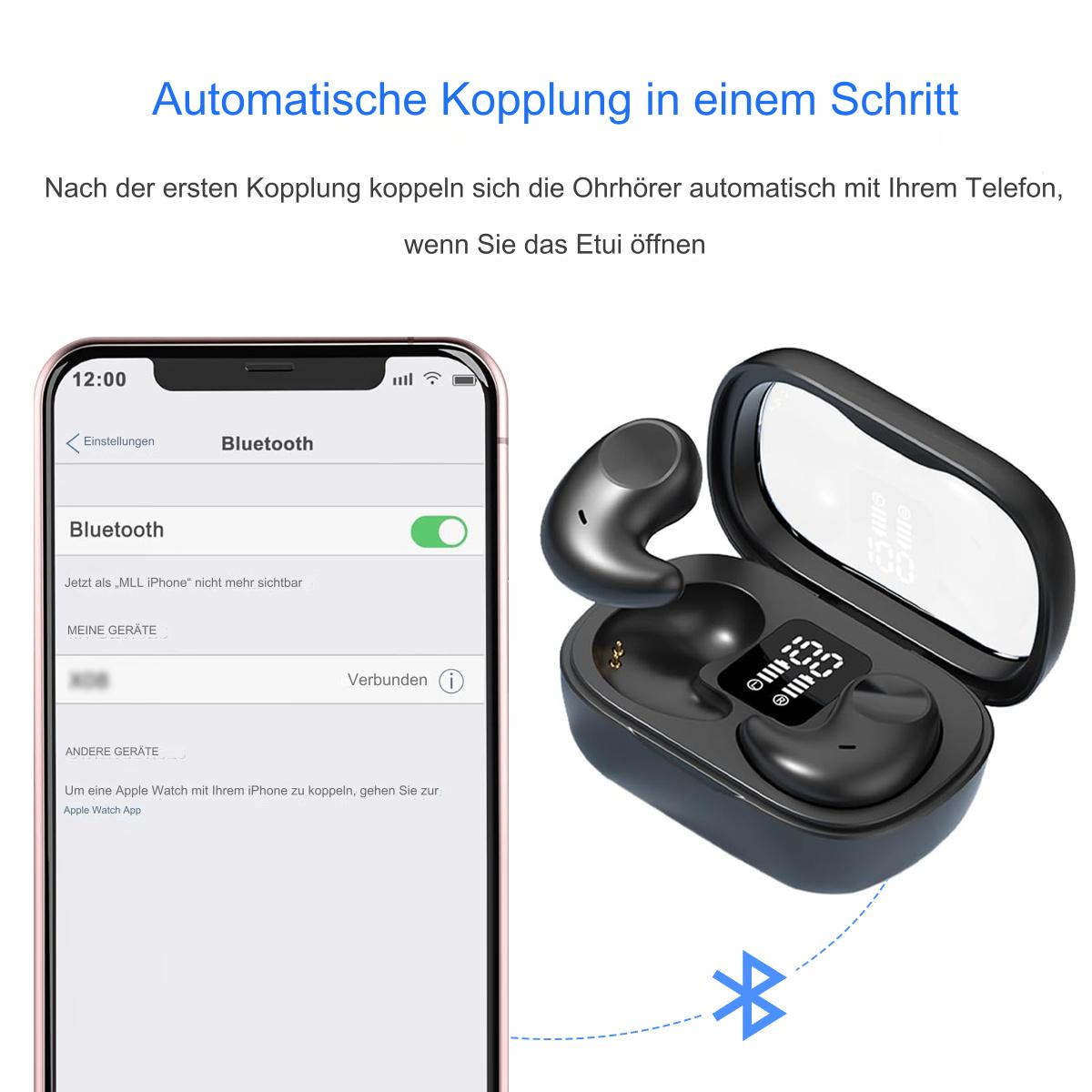 Schwarze Ohrhörer in einem Ladeetui, Telefonbildschirm zeigt Bluetooth-Einstellungen. Text lautet "Automatische Kopplung in einem Schritt."