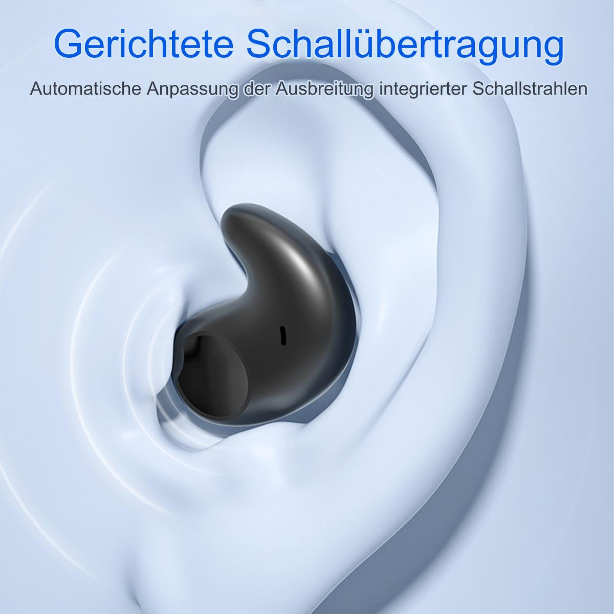 Ein schwarzer Ohrhörer wird in einen Gehörgang eingeführt. Der Hintergrund ist hellblau.