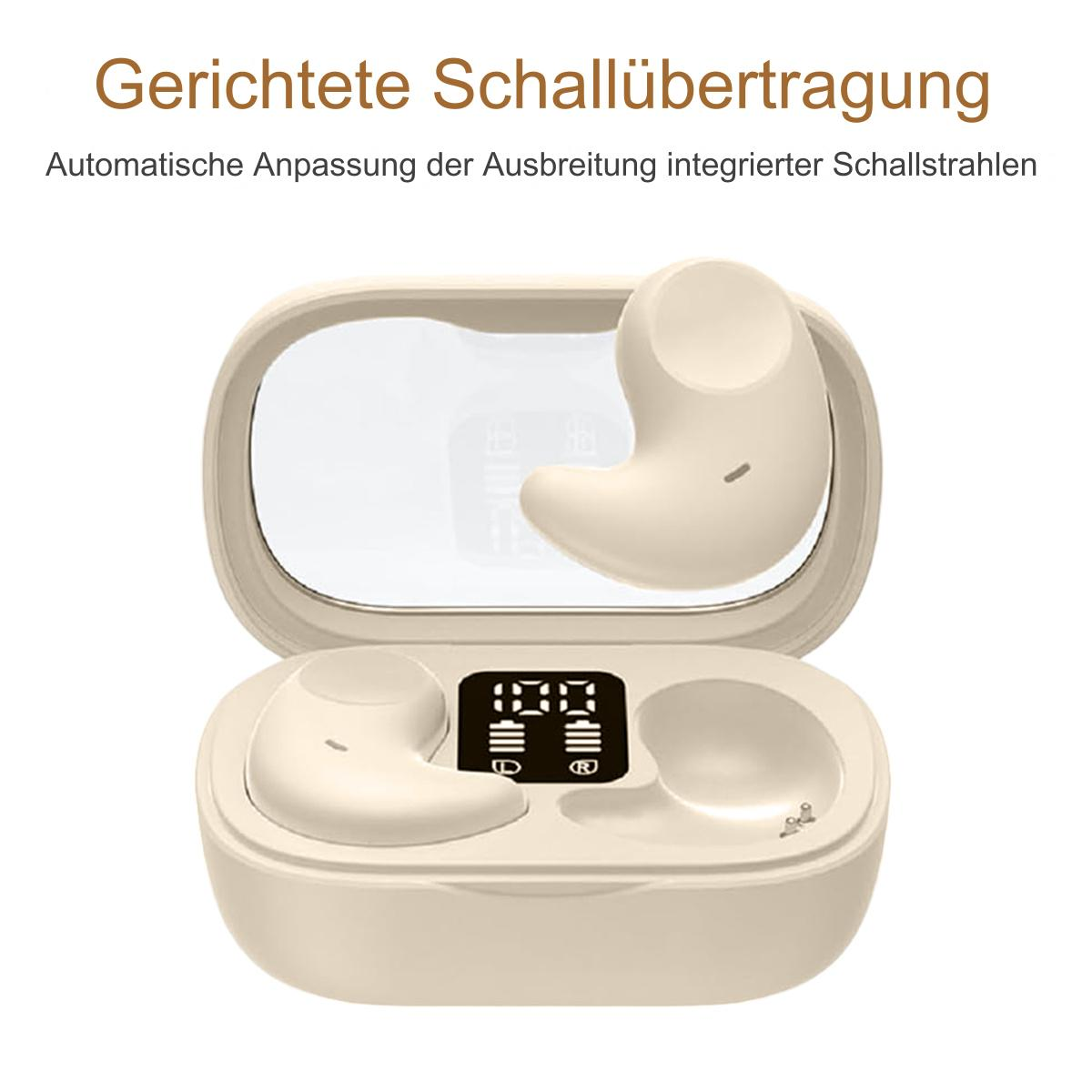 Beiges Ladeetui mit zwei Ohrhörern. Das Etui hat ein Display mit Zahlen. Weißer Hintergrund.