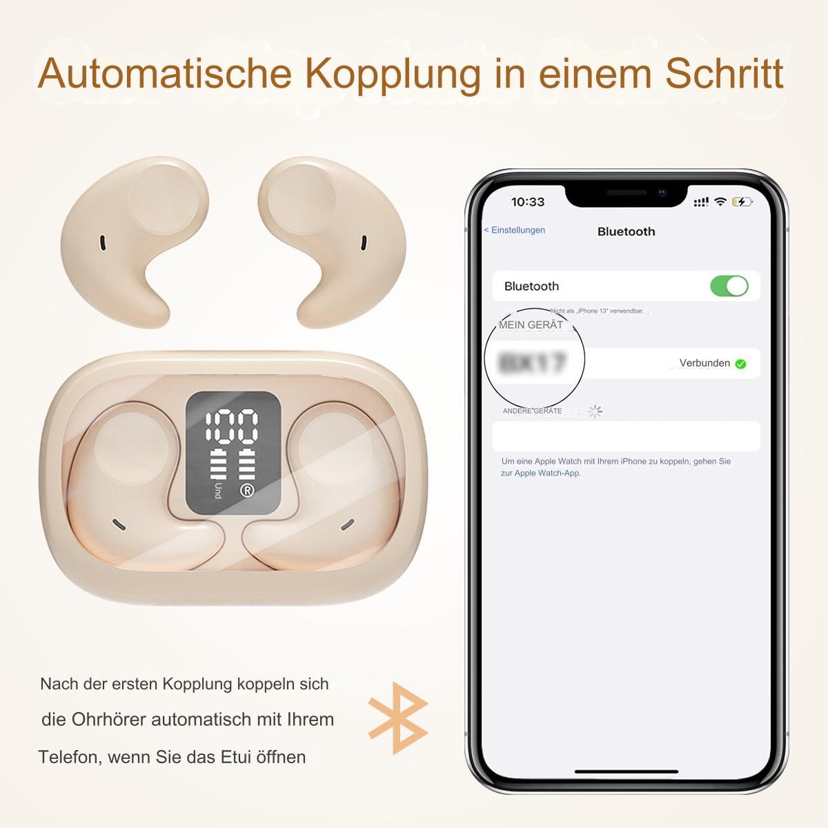 Kopfhörer und Ladecase, mit Telefon, das Bluetooth-Einstellungen anzeigt, und einem Verbindungsprozess.