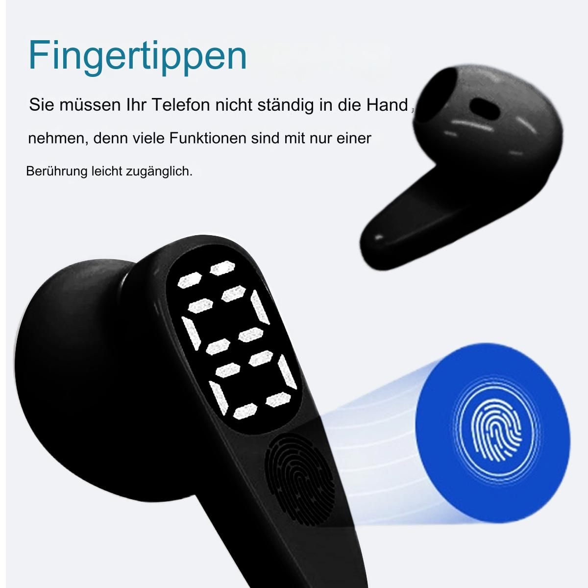 Schwarze kabellose Ohrhörer mit LED-Anzeige, die einen Fingerberührungsbereich und einen Ohrhörer zeigen.
