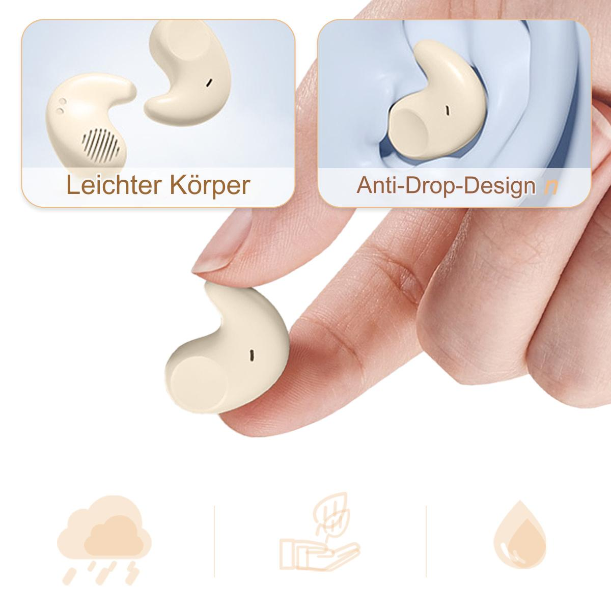 Beige Ohrhörer, teilweise in einer Hand. Der Text lautet: Leichter Körper und Anti-Drop-Design.