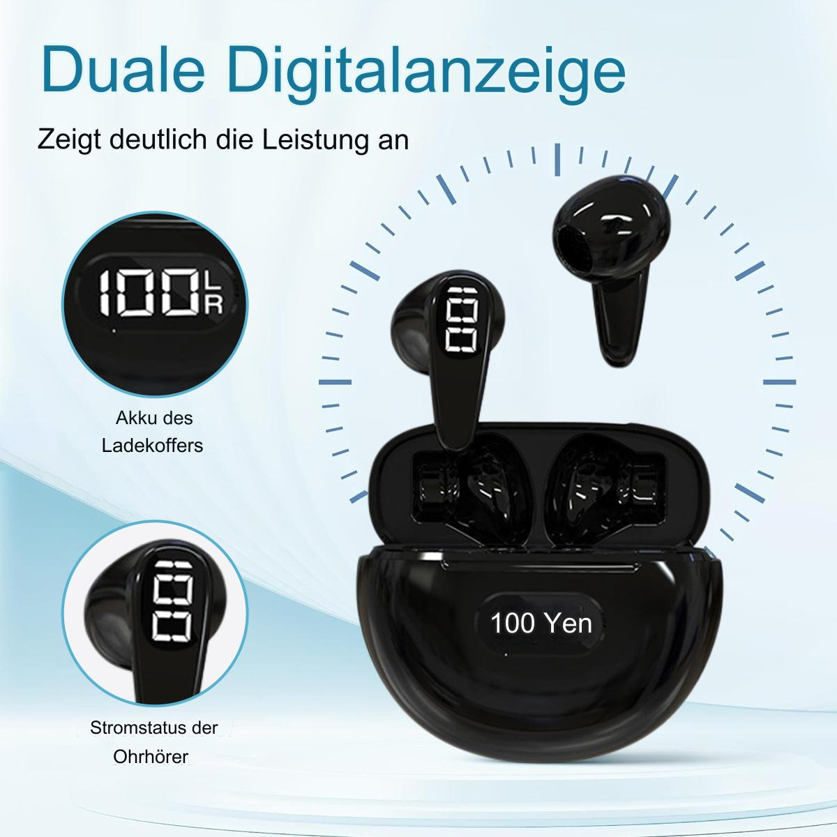 Schwarze kabellose Ohrhörer in einem Ladecase mit dualer Digitalanzeige, die die Akkulaufzeit anzeigt.