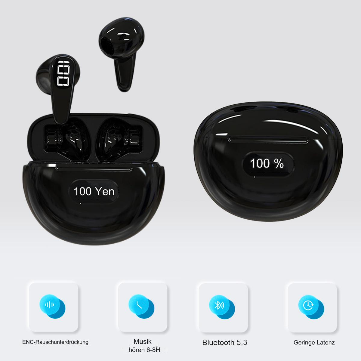 Schwarze Ohrhörer, Ladecase und Symbole für Rauschunterdrückung, Musik, Bluetooth und niedrige Latenz.