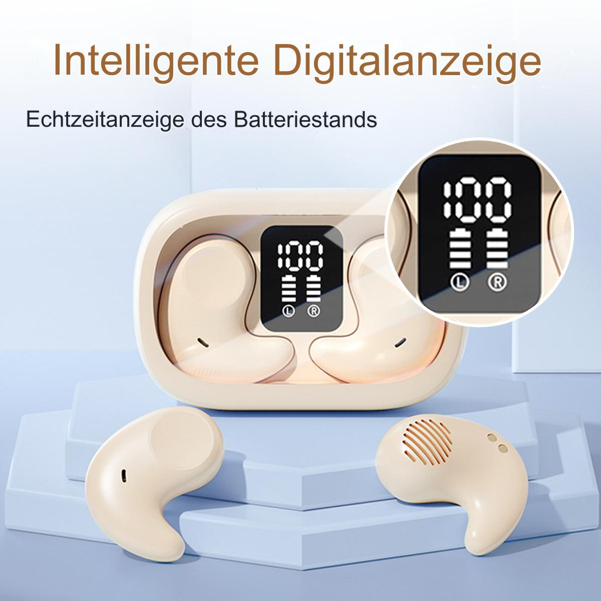 Beiges Ohrhörer-Etui mit zwei Ohrhörern. Eine Nahaufnahme zeigt die Akkuanzeige.