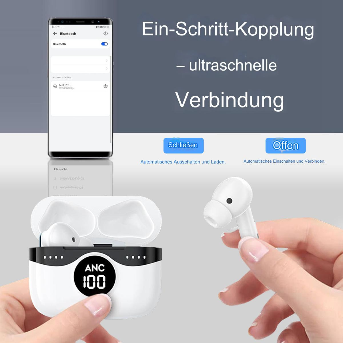 Weiße kabellose Ohrhörer in einem Ladecase mit Display. Eine Hand hält einen Ohrhörer.
