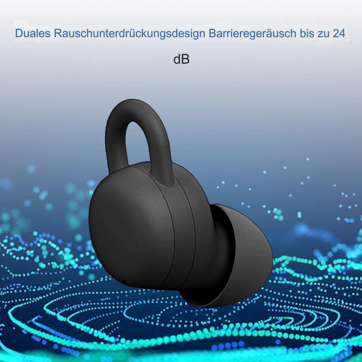 Schwarze Ohrhörer mit gebogenem Design. Text zur Geräuschunterdrückung oben. Blauer Hintergrund mit Punkten.