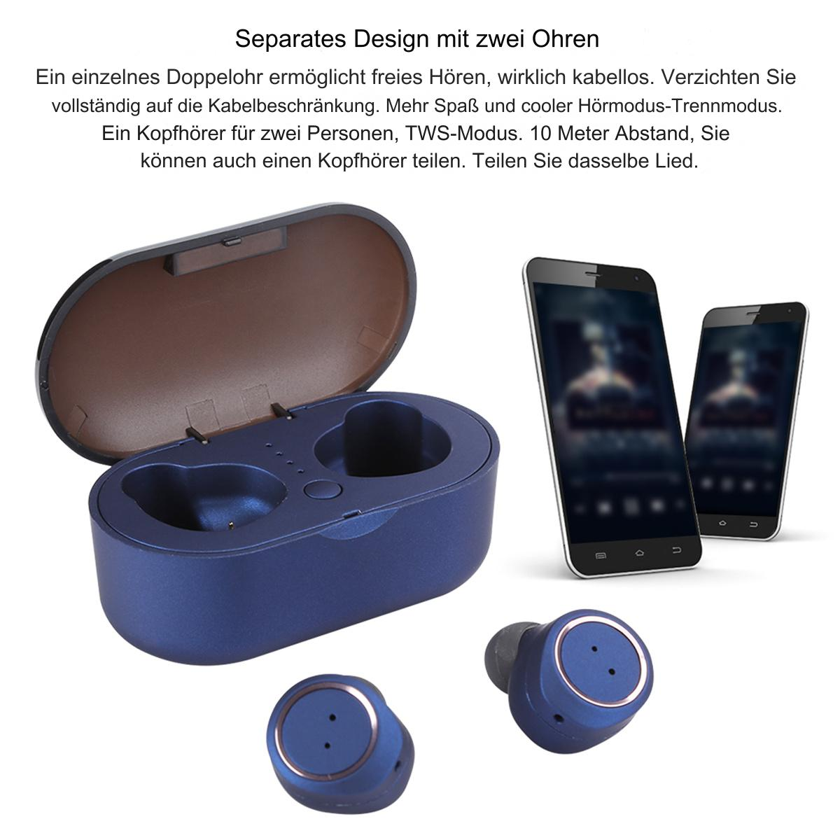 Kabellose Ohrhörer, Ladecase und zwei Smartphones auf blau-braunem Hintergrund.