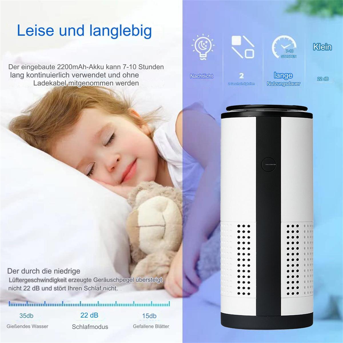 Ein Baby schläft neben einem Luftreiniger. Text über leisen Betrieb und niedrige Geräuschpegel.