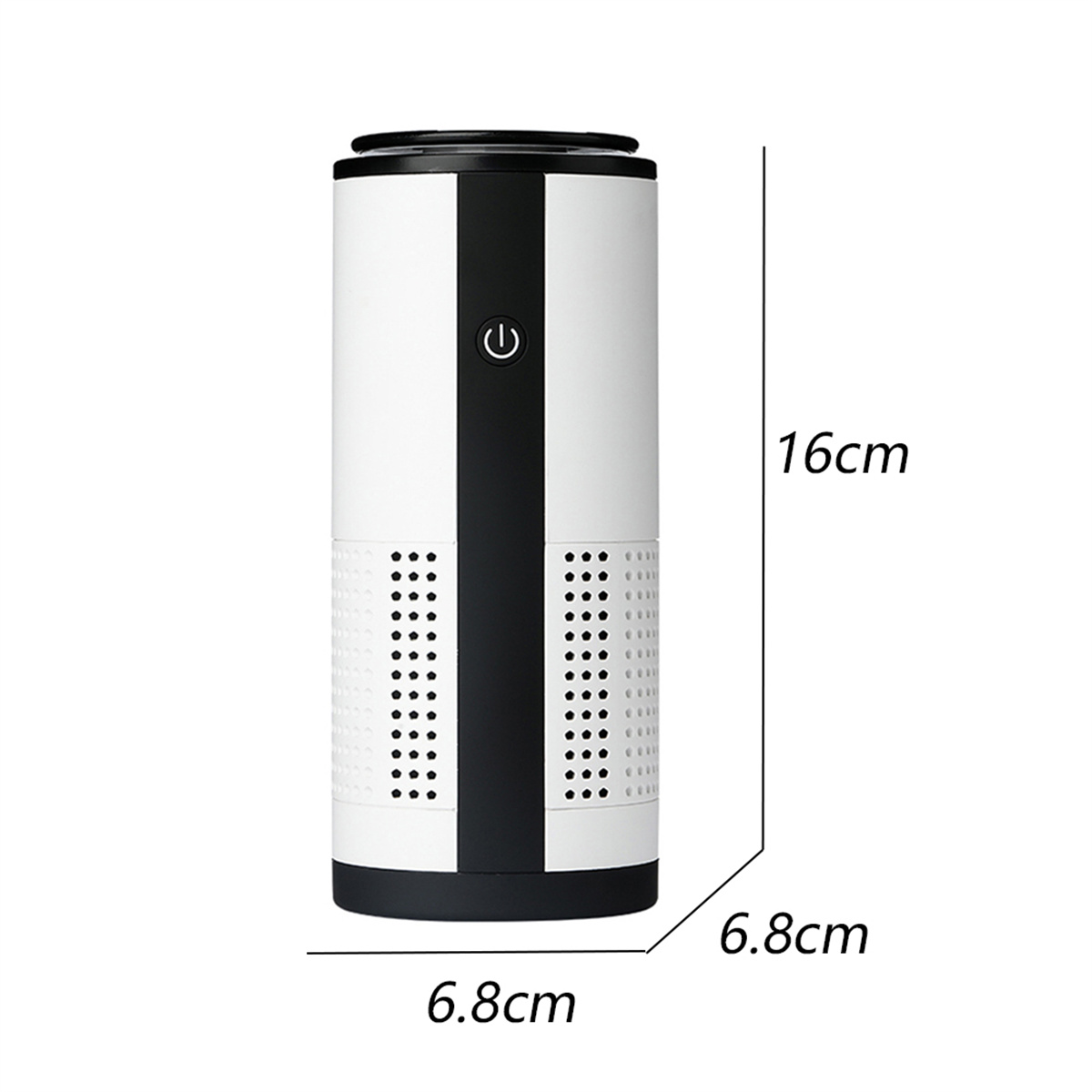 Weißer und schwarzer Luftreiniger mit Ein-/Ausschalter. Abmessungen: 16cm hoch, 6,8cm breit.