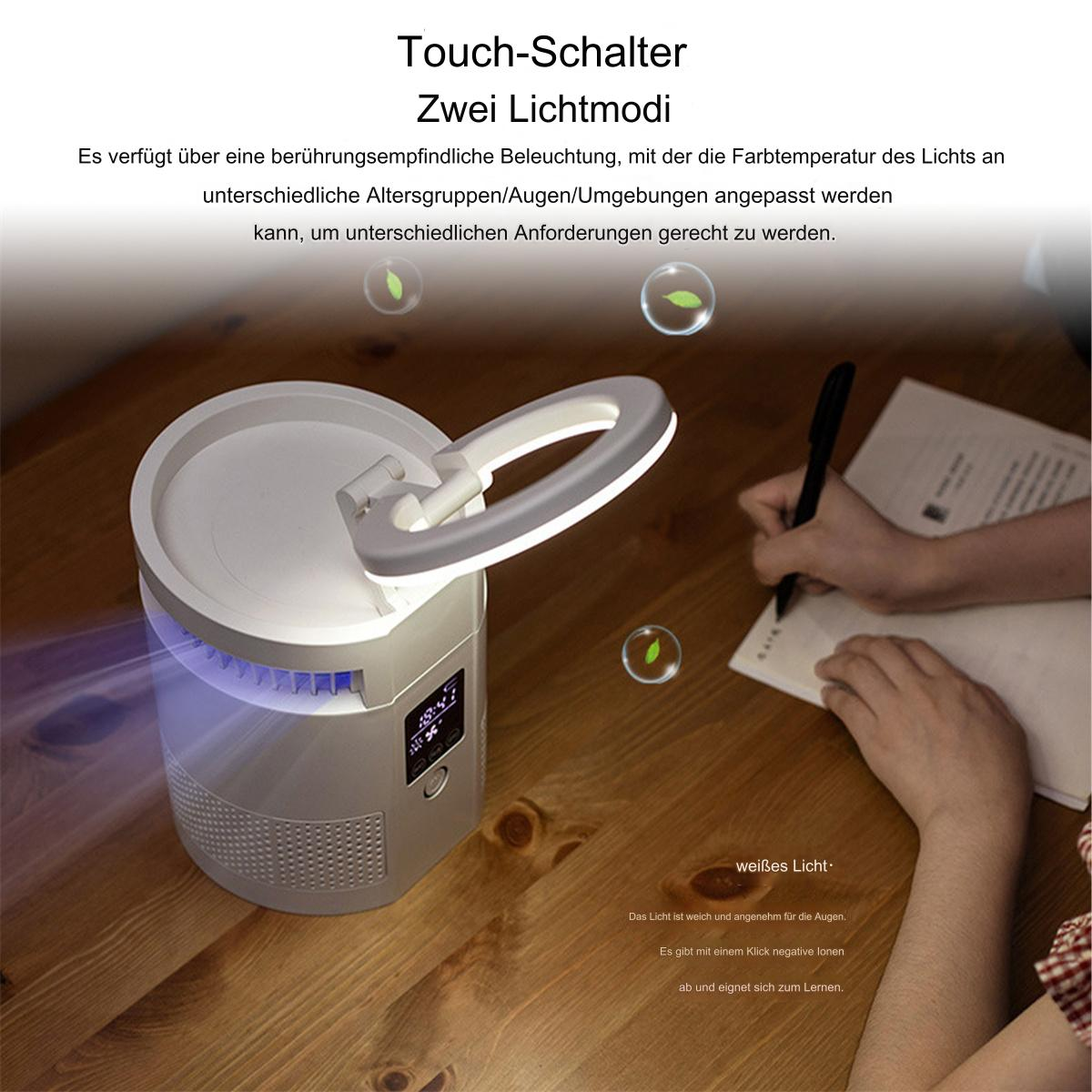 Weiße Schreibtischlampe mit kreisförmigem Licht, auf einem Holztisch. Person schreibt.