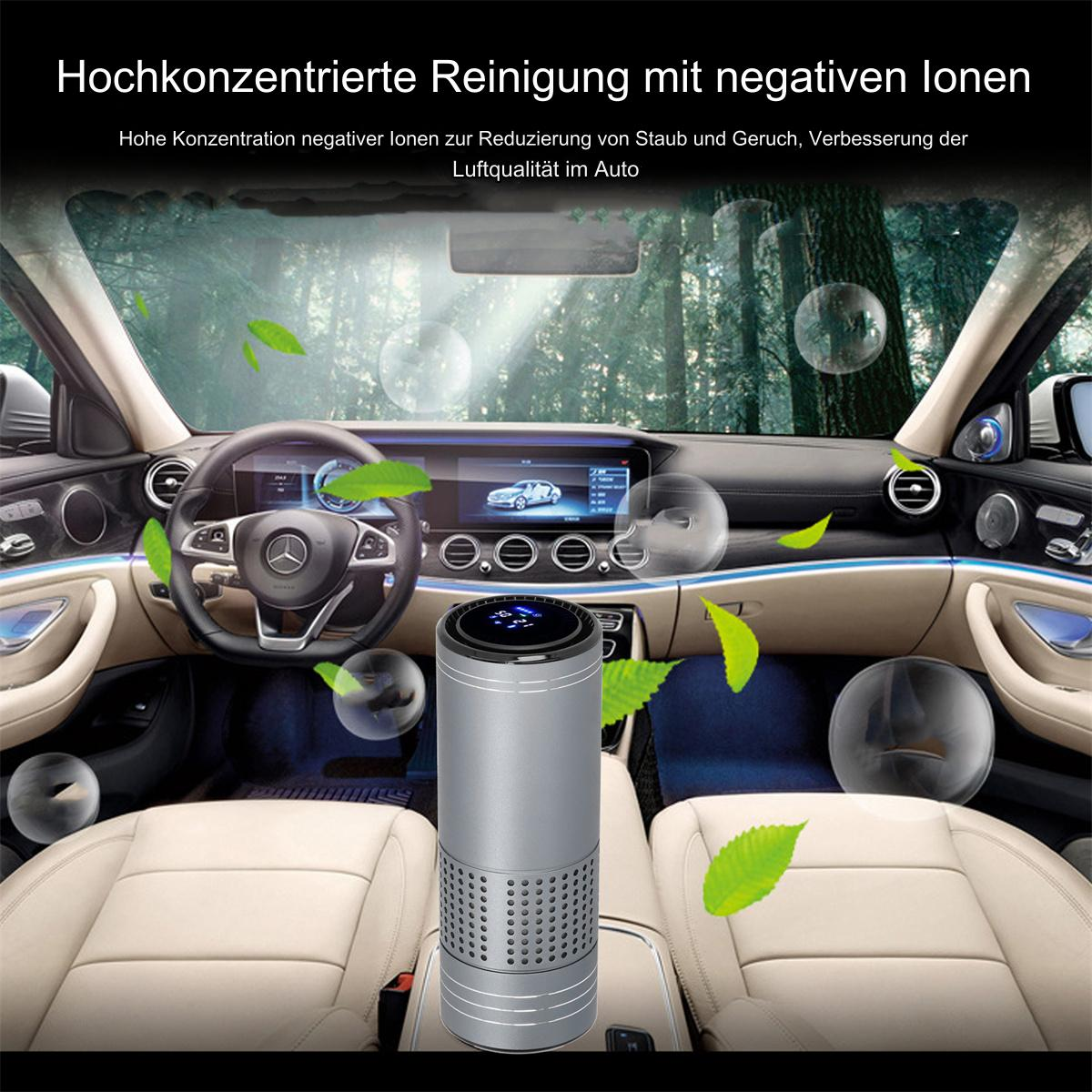 Luftreiniger im Auto. Grüne Blätter schweben in der Nähe des Geräts und im Auto.