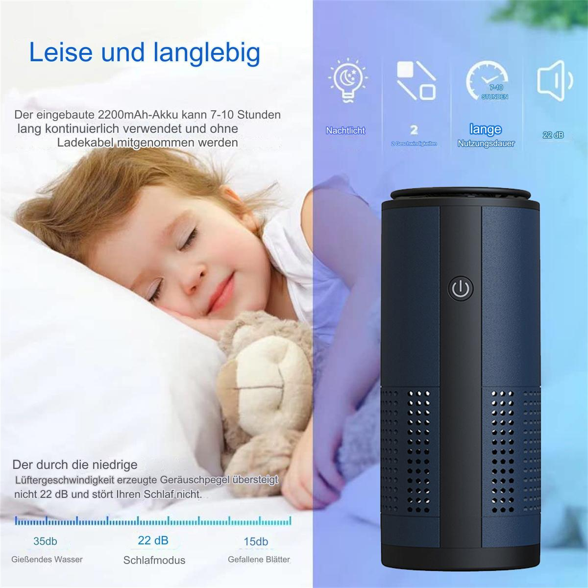 Ein schlafendes Kind neben einem Luftreiniger mit Text und Symbolen auf der rechten Seite.