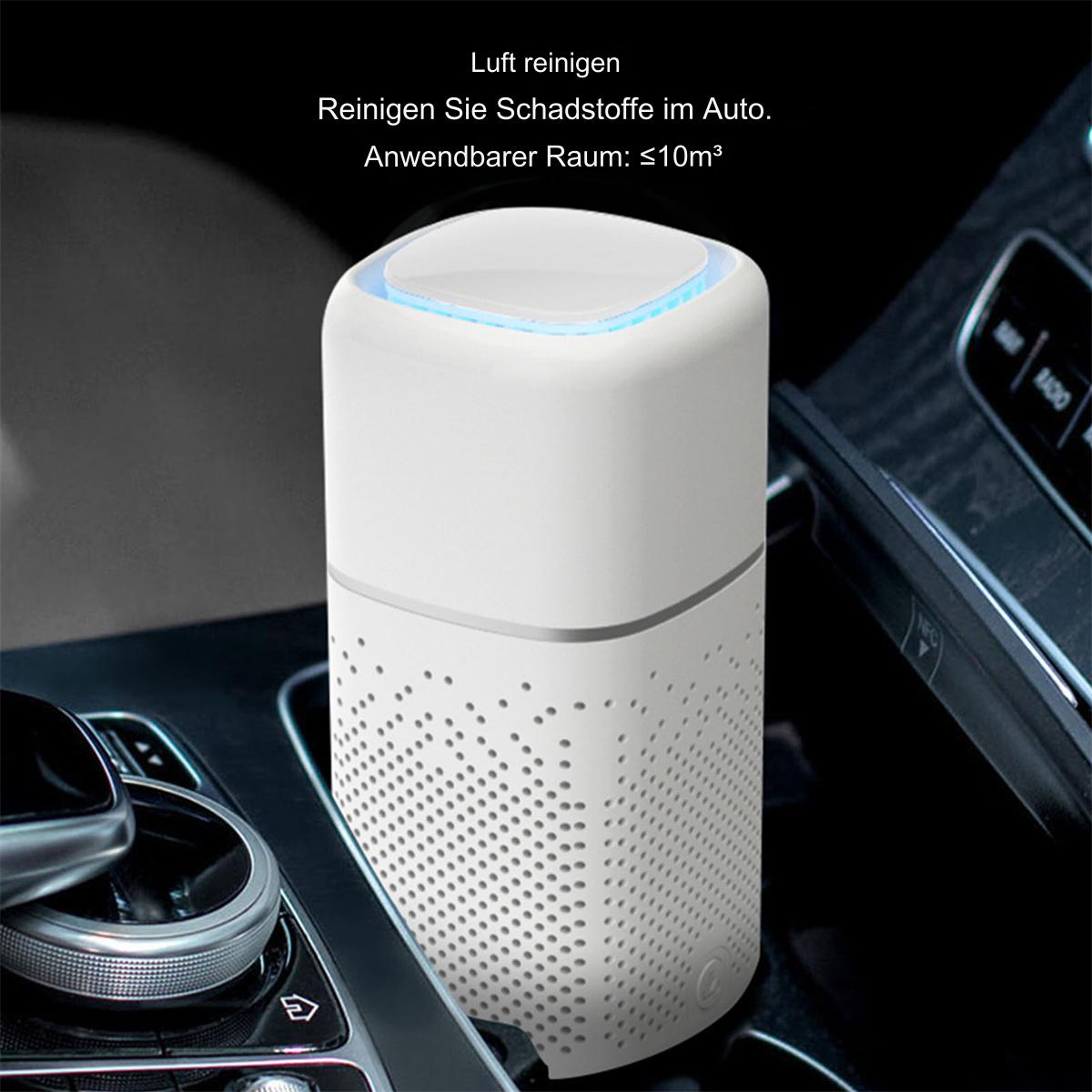 Ein weißer Luftreiniger in einem Auto. Text: Reinigen Sie die Luft, anwendbarer Raum: ≤10m³.
