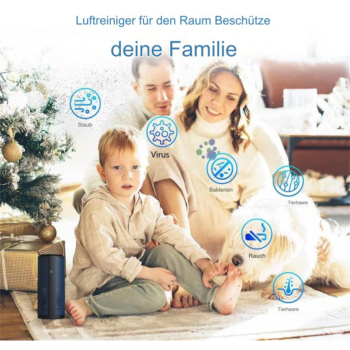 Familie in einem Raum mit einem kleinen Luftreiniger. Text sagt: „Schützen Sie Ihre Familie“ vor Staub, Viren usw.