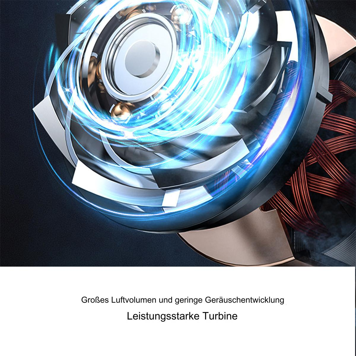 Nahaufnahme einer Turbine mit blauen Lichteffekten, Gold und Kupfer.