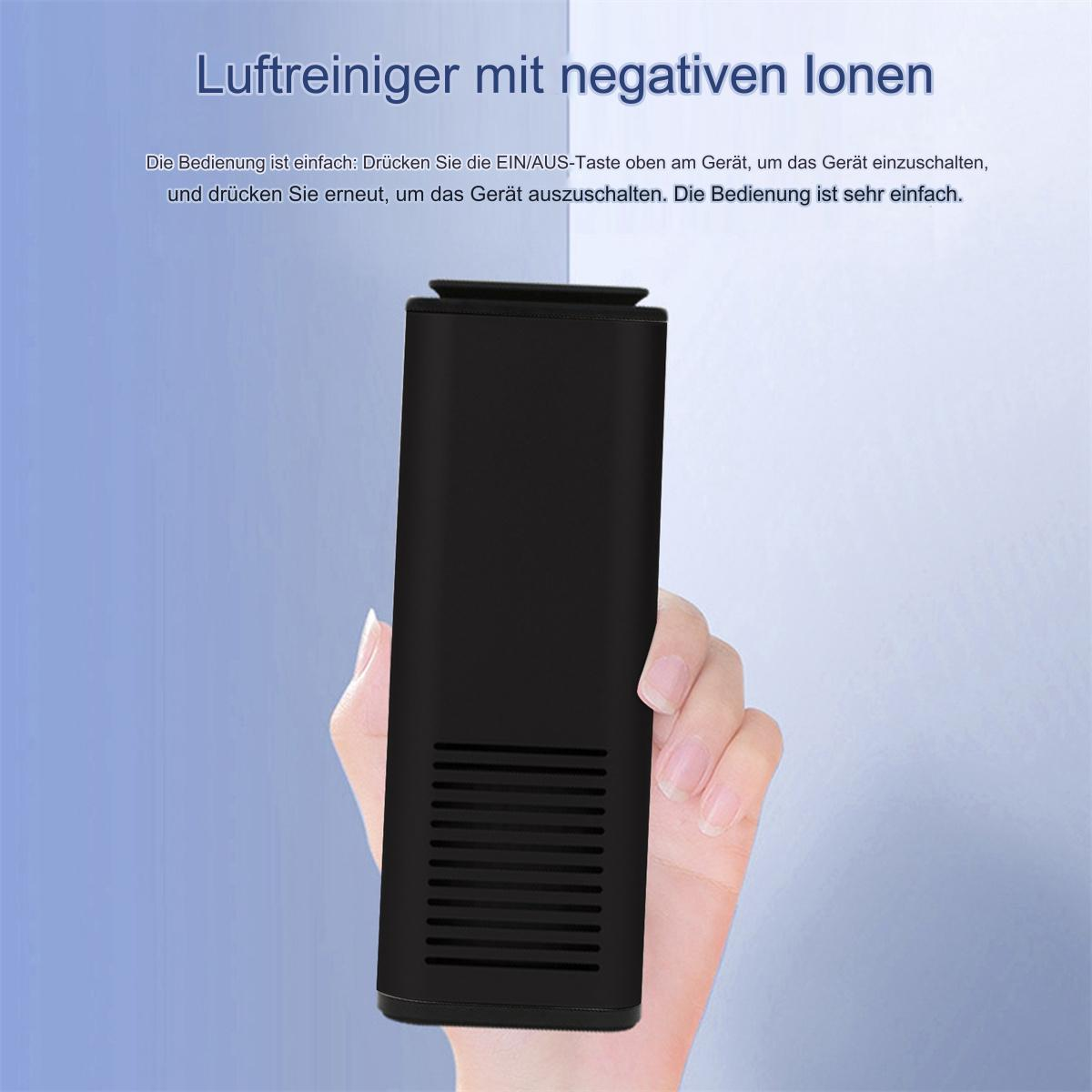 Schwarzer Luftreiniger mit Hand, blau-weißer Hintergrund, mit Text.