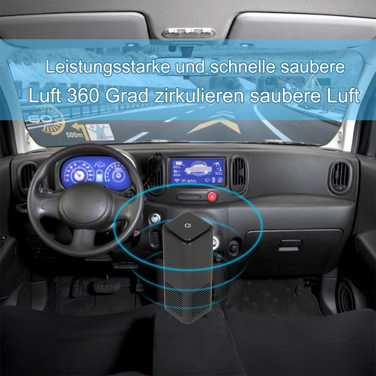 Im Inneren eines Autos wird ein schwarzer Luftreiniger gezeigt. Auf dem Armaturenbrett werden Daten angezeigt.