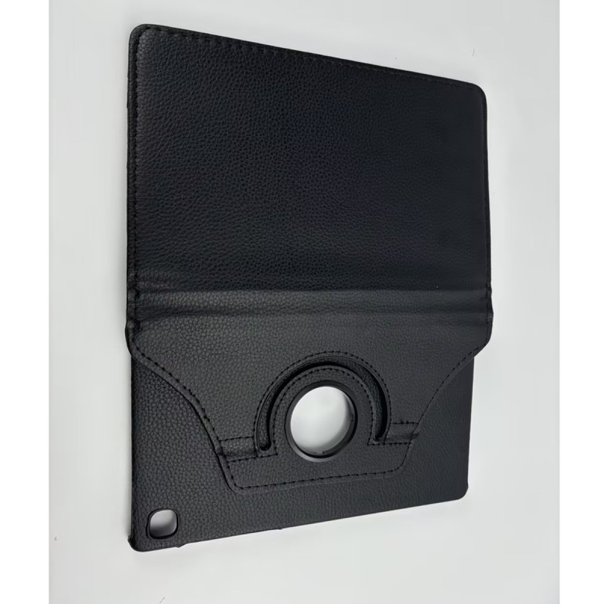 Schwarze Tablet-Hülle, geöffnet, mit kreisförmigem Drehelement.
