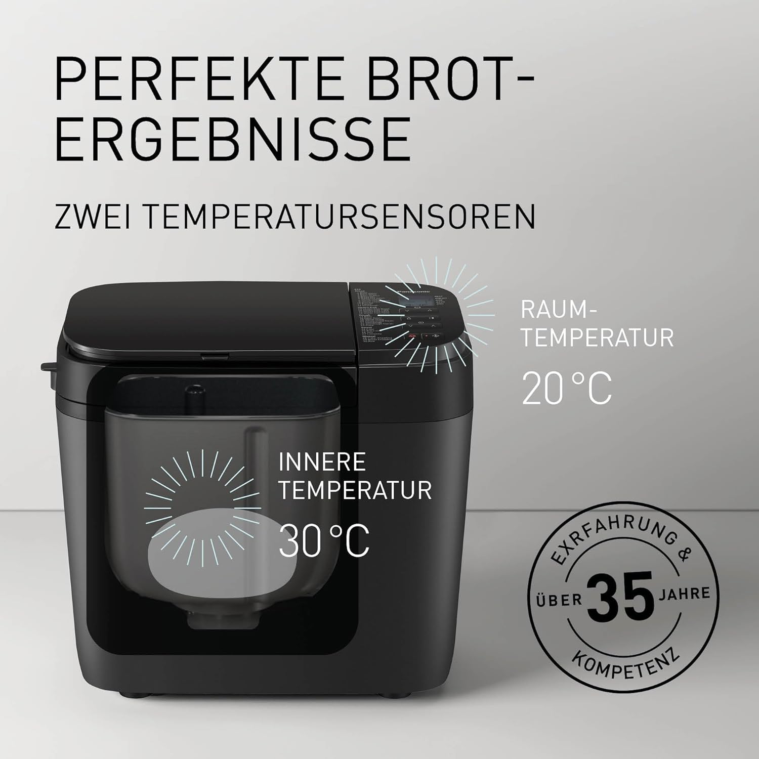Ein Brotbackautomat mit Textbeschriftungen, die Temperaturen anzeigen: innen 30°C, Raum 20°C. Es hat eine Ausschnittansicht.