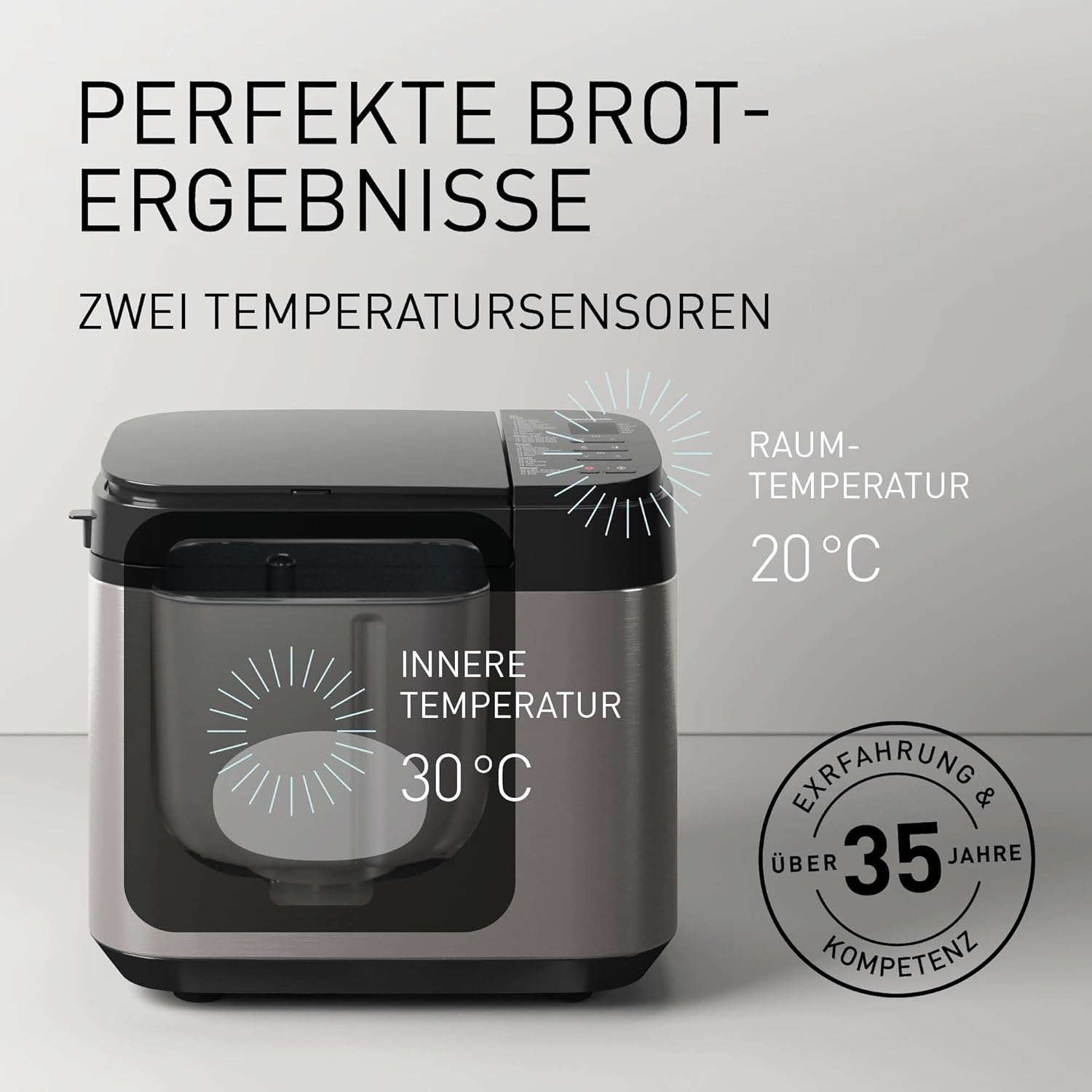 Macchina per il pane con un'apertura che mostra l'interno. Vengono visualizzate temperature di 30°C e 20°C.