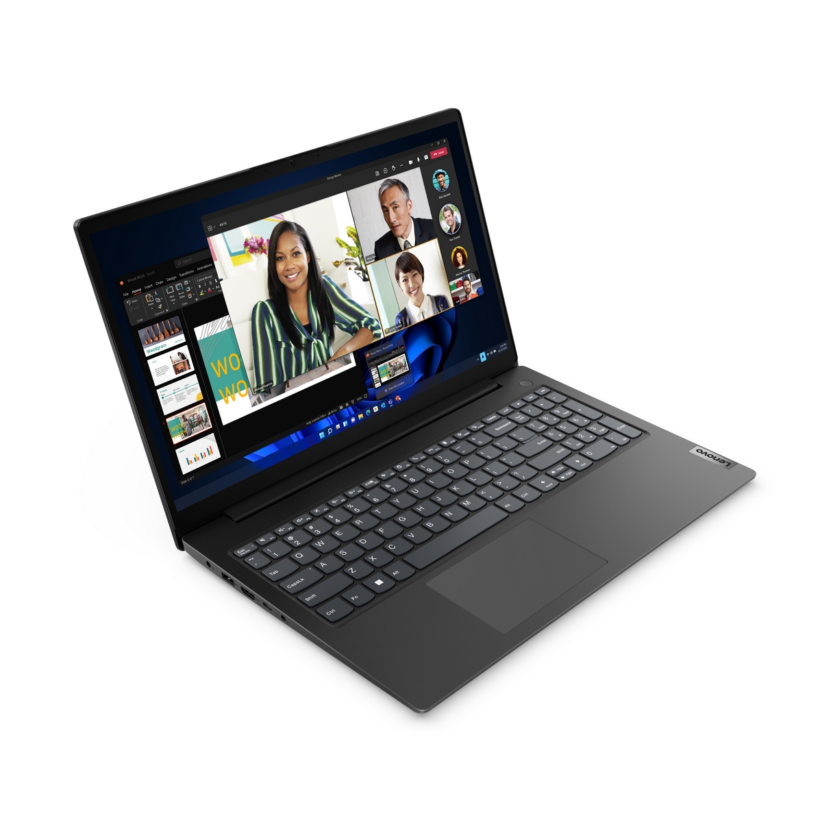 Laptop con videoconferenza. Il laptop è aperto, mostra tastiera e schermo con videochiamata.