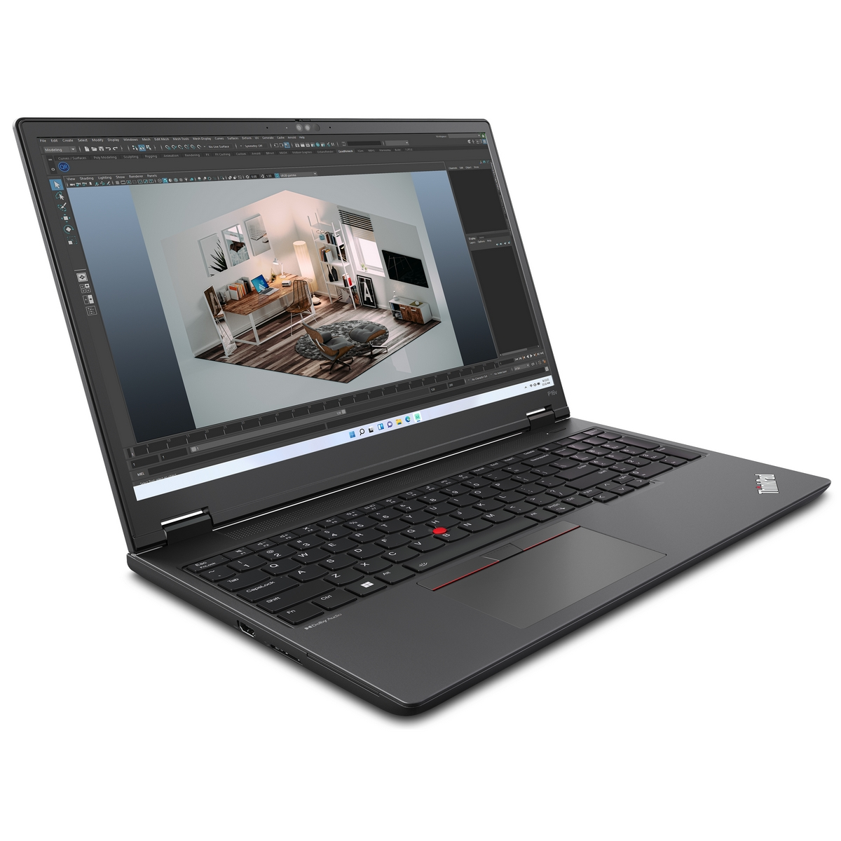 Un laptop con schermo che mostra un modello 3D di una stanza e tastiera.