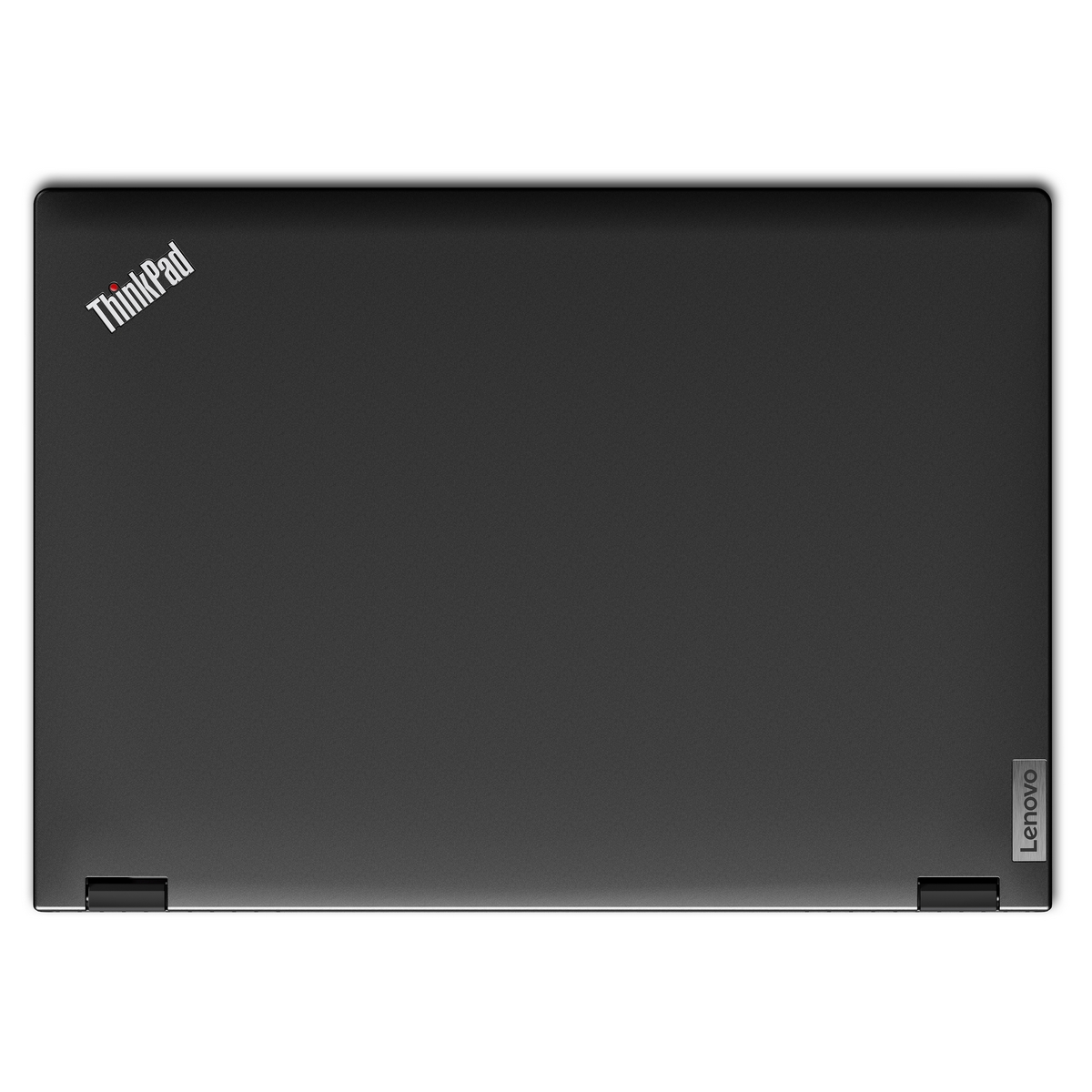 Laptop nero, vista dall'alto. Logo ThinkPad nell'angolo in alto a sinistra. Logo Lenovo a destra.