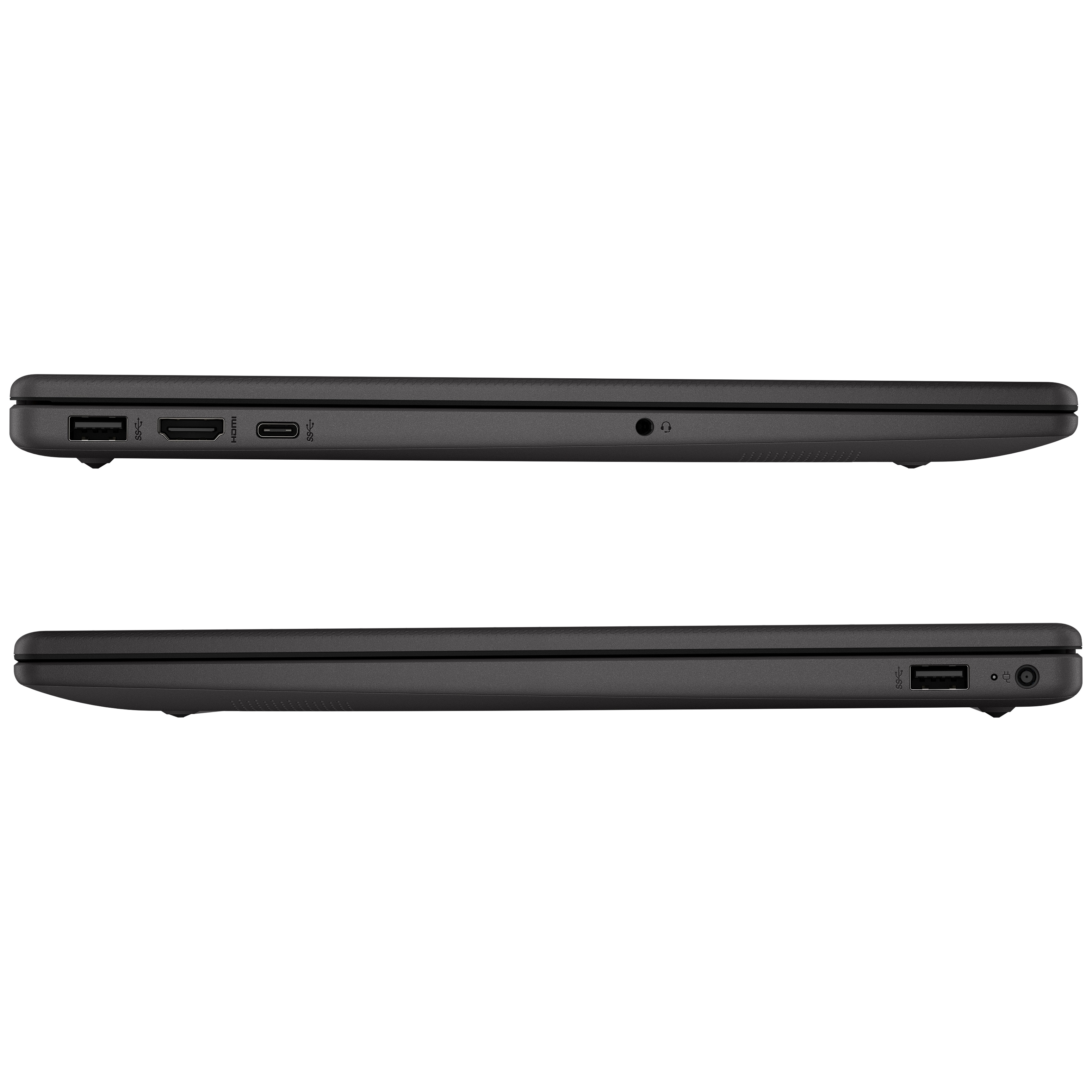 Due laptop neri, vista laterale, che mostrano le porte. Uno ha porte USB, HDMI e USB-C.